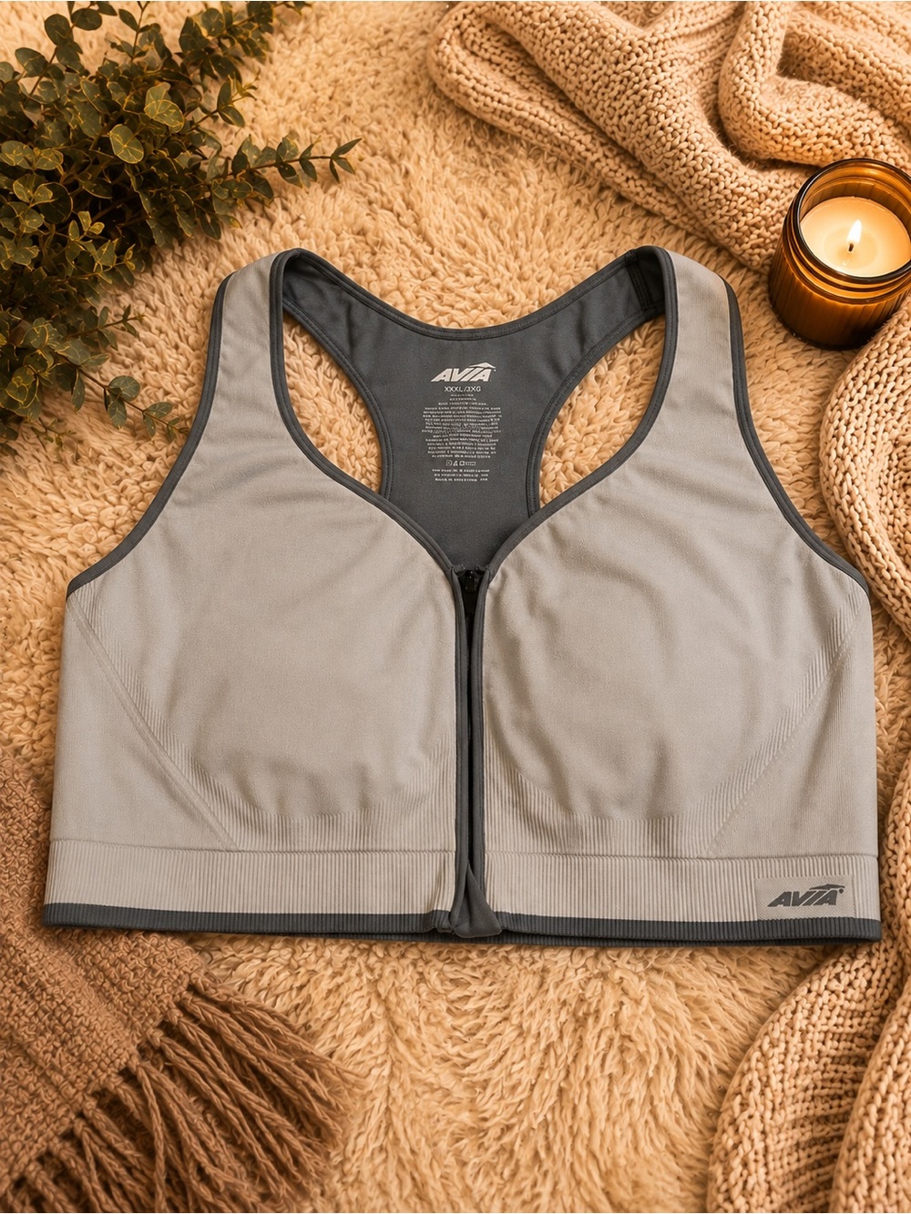 Avia Light Gray Front-Zip High Support Racerback Sports Bra